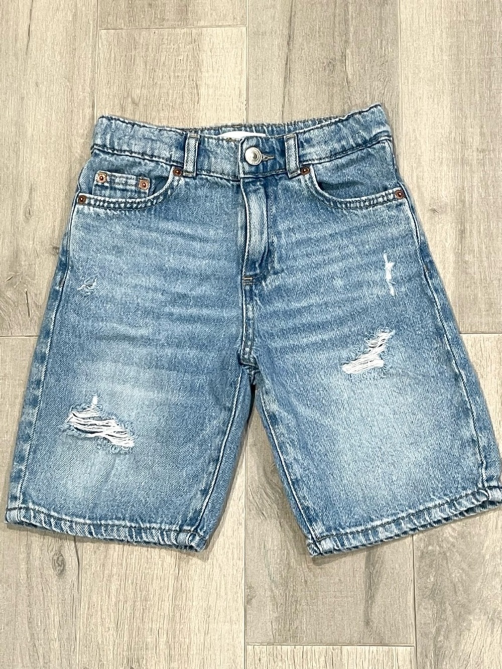 ZARA Boys Denim Shorts Blue Distressed Raw Hem Size 8 Casual Summer